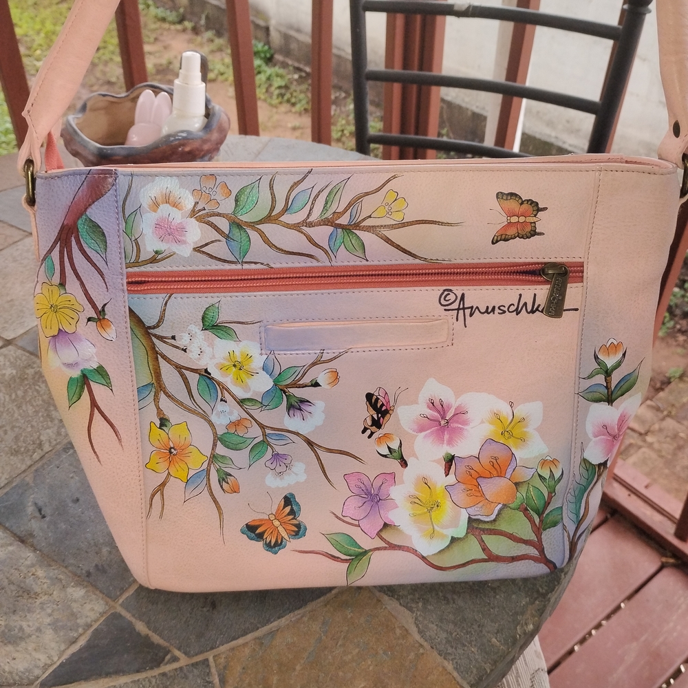 Anuschka Pink Floral Embellished Shoulder Bag